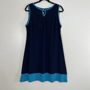 GNW Sleeveless A-Line Dress Stretch Navy Blue with Turquoise Contrast Trim Hem L